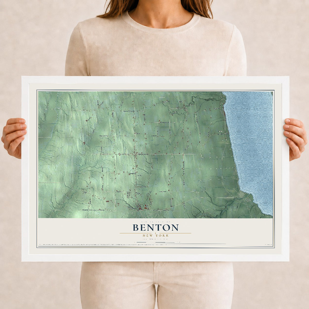 Benton, New York map print, 12" x 18" W/ White Ayous Wood Frame mockup