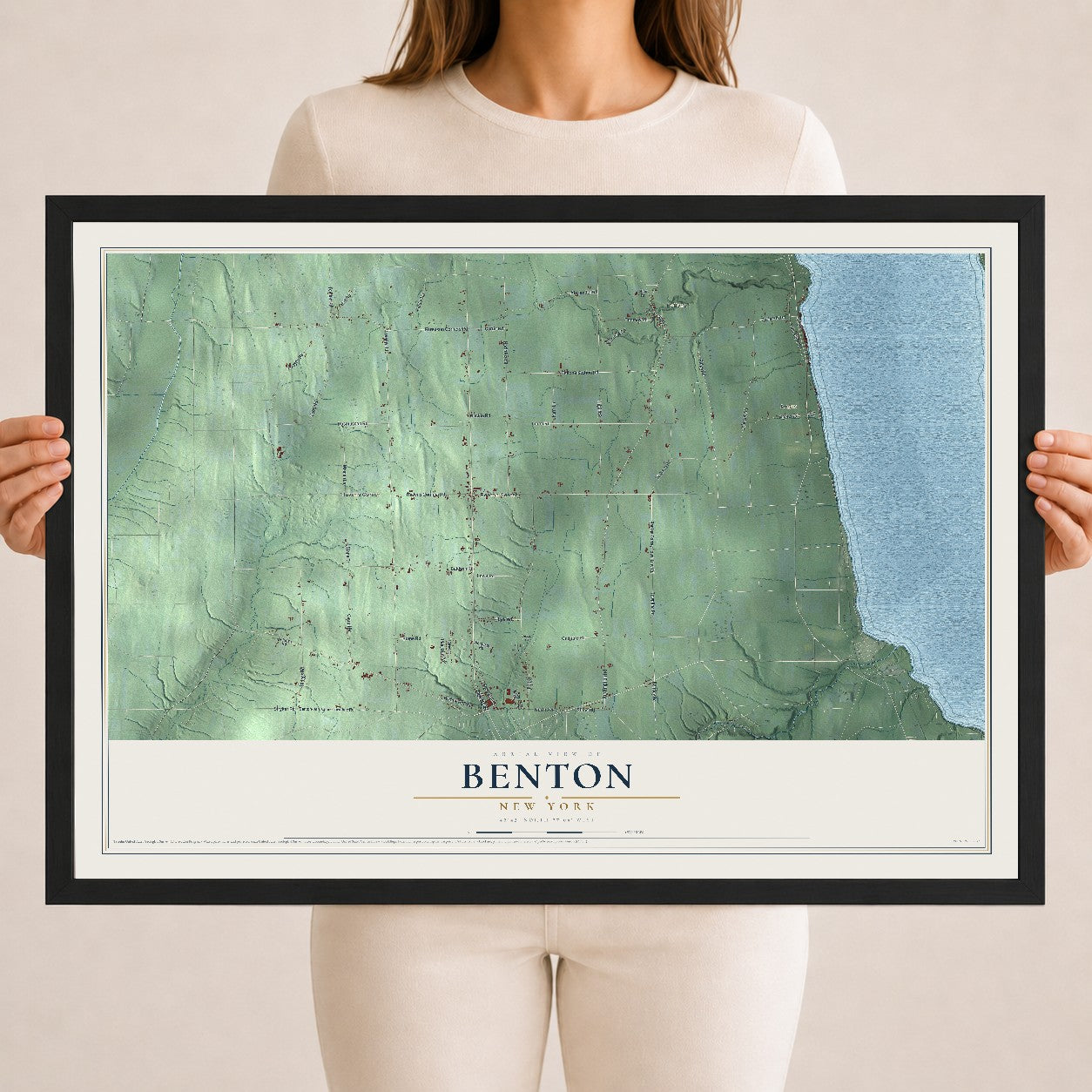 Benton, New York map print, 18" x 24" W/ Black Ayous Wood Frame mockup