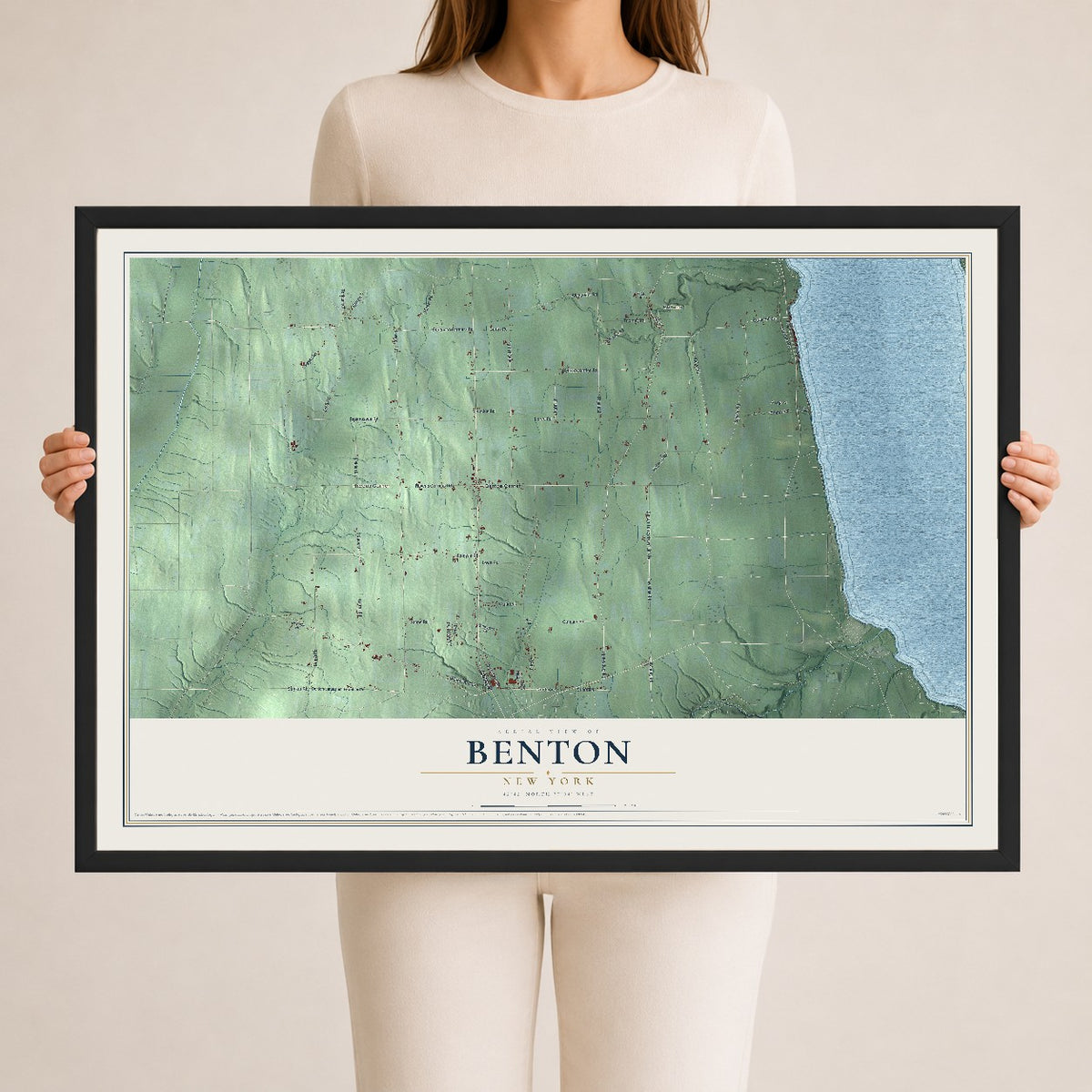 Benton, New York map print, 24" x 36" W/ Black Ayous Wood Frame mockup