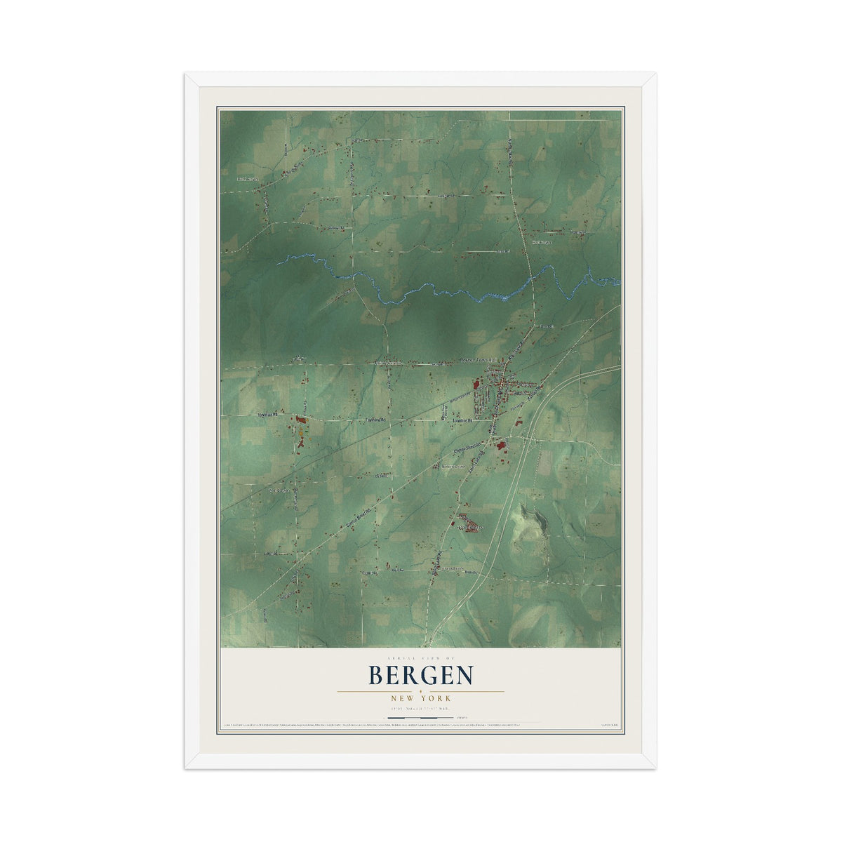 Bergen, New York map print, 12" x 18" W/ White Ayous Wood Frame mockup