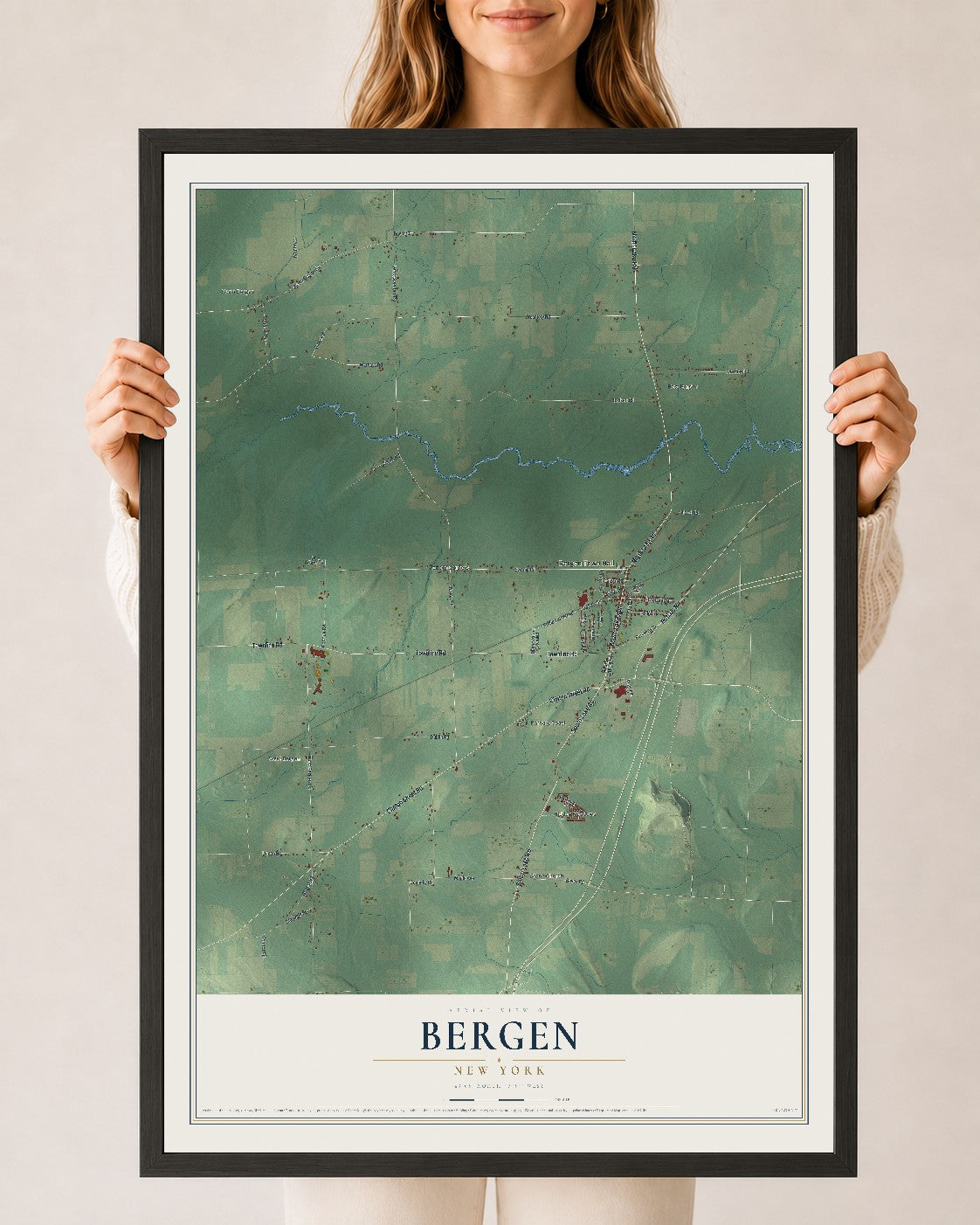 Bergen, New York map print, 24" x 36" W/ Black Ayous Wood Frame mockup