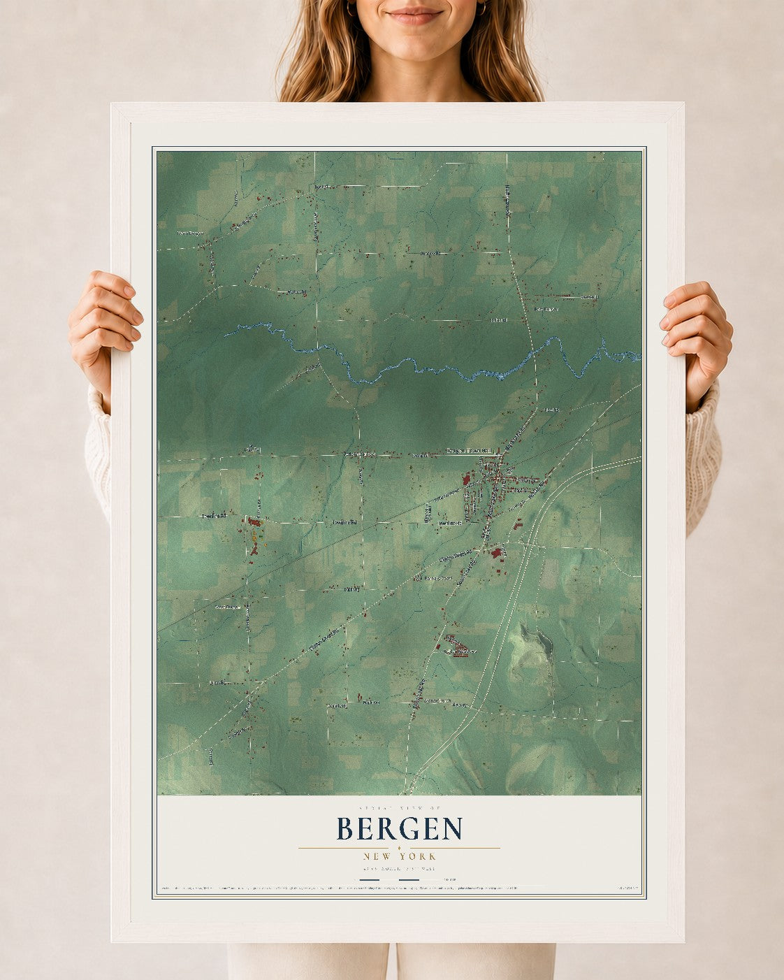 Bergen, New York map print, 24" x 36" W/ White Ayous Wood Frame mockup