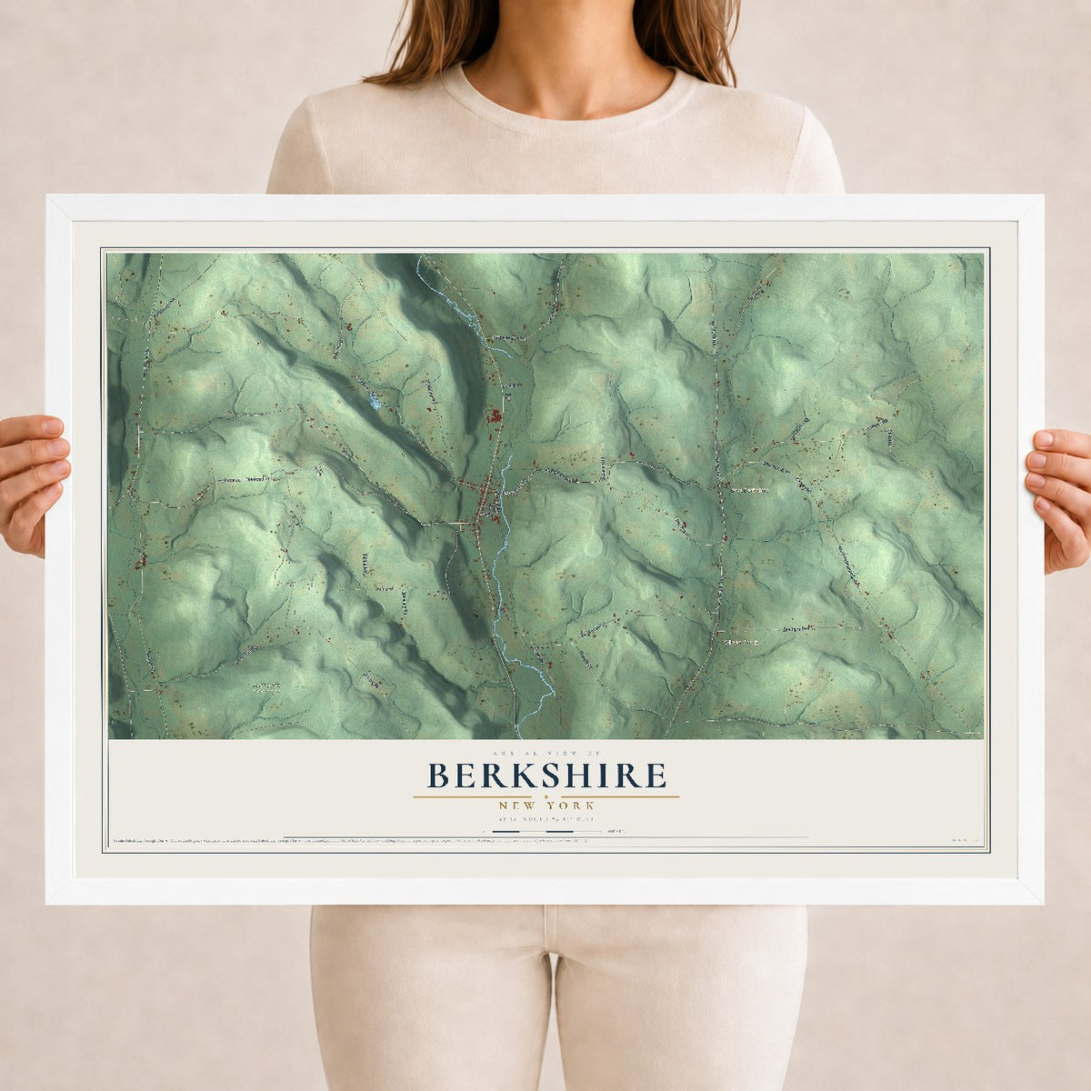 Berkshire, New York map print, 18" x 24" W/ White Ayous Wood Frame mockup