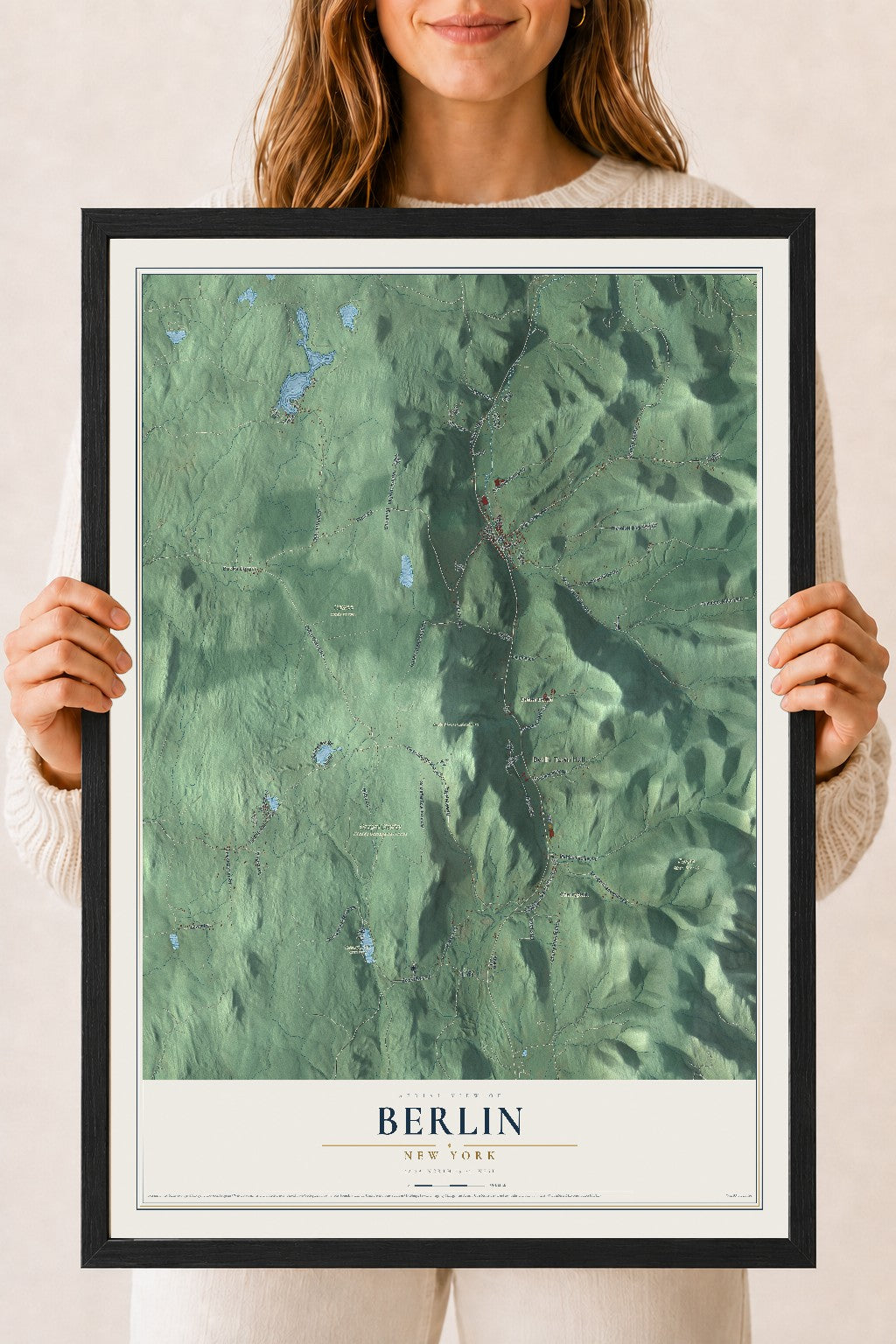 Berlin, New York map print, 18" x 24" W/ Black Ayous Wood Frame mockup