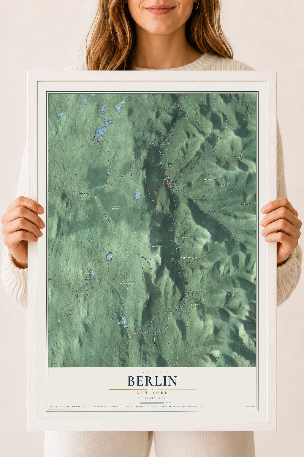 Berlin, New York map print, 18" x 24" W/ White Ayous Wood Frame mockup