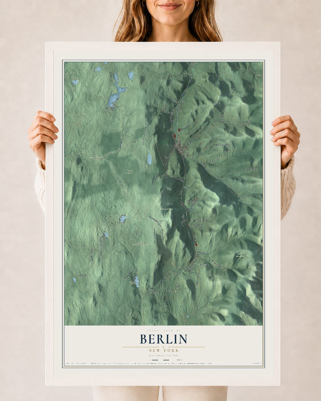 Berlin, New York map print, 24" x 36" W/ White Ayous Wood Frame mockup