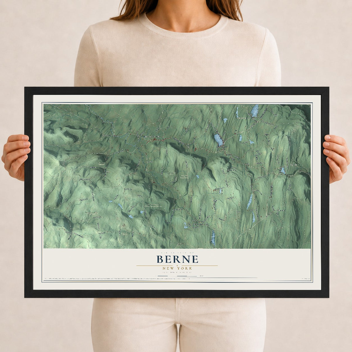 Berne, New York map print, 12" x 18" W/ Black Ayous Wood Frame mockup