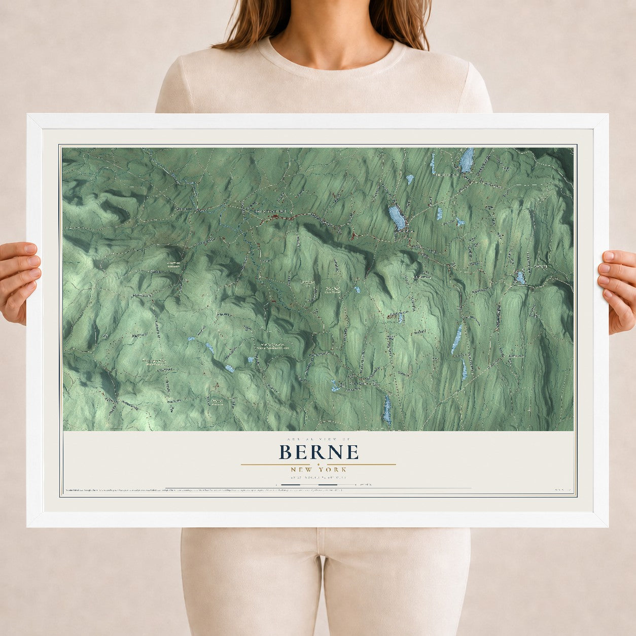 Berne, New York map print, 18" x 24" W/ White Ayous Wood Frame mockup