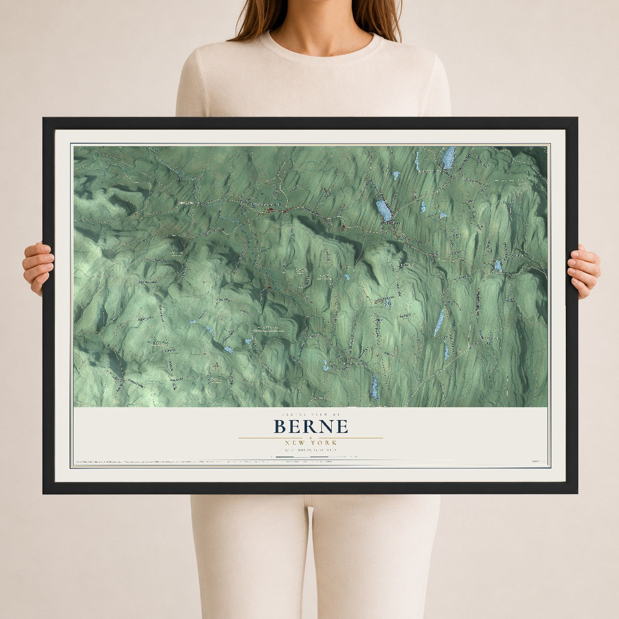 Berne, New York map print, 24" x 36" W/ Black Ayous Wood Frame mockup