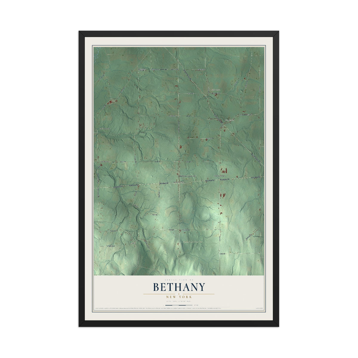 Bethany, New York map print, 12" x 18" W/ Black Ayous Wood Frame mockup