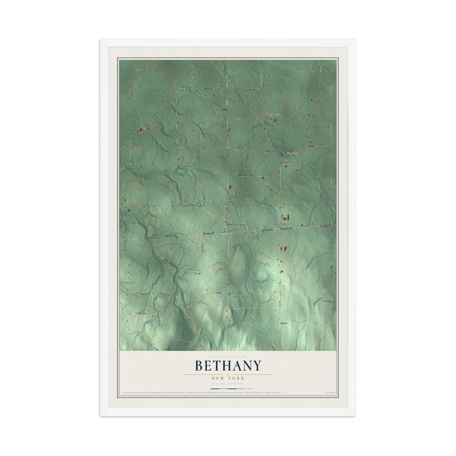 Bethany, New York map print, 12" x 18" W/ White Ayous Wood Frame mockup