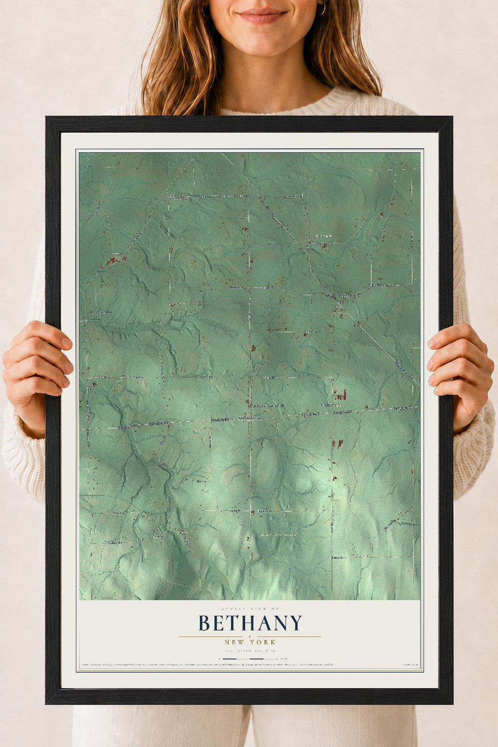 Bethany, New York map print, 18" x 24" W/ Black Ayous Wood Frame mockup