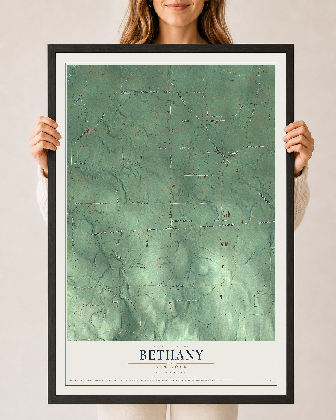 Bethany, New York map print, 24" x 36" W/ Black Ayous Wood Frame mockup