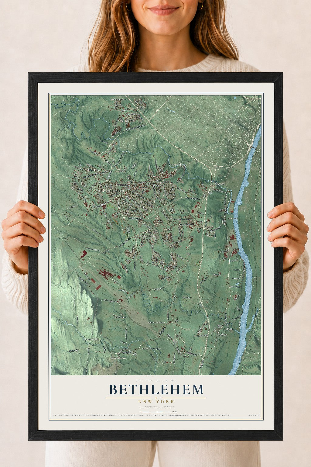Bethlehem, New York map print, 18" x 24" W/ Black Ayous Wood Frame mockup