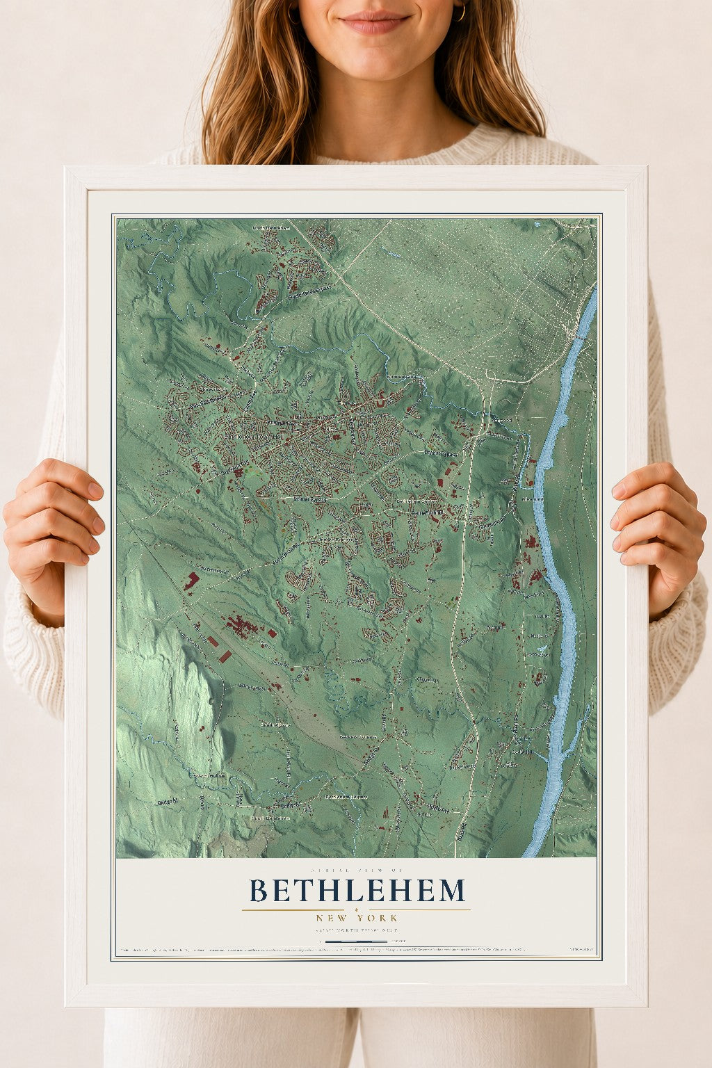Bethlehem, New York map print, 18" x 24" W/ White Ayous Wood Frame mockup