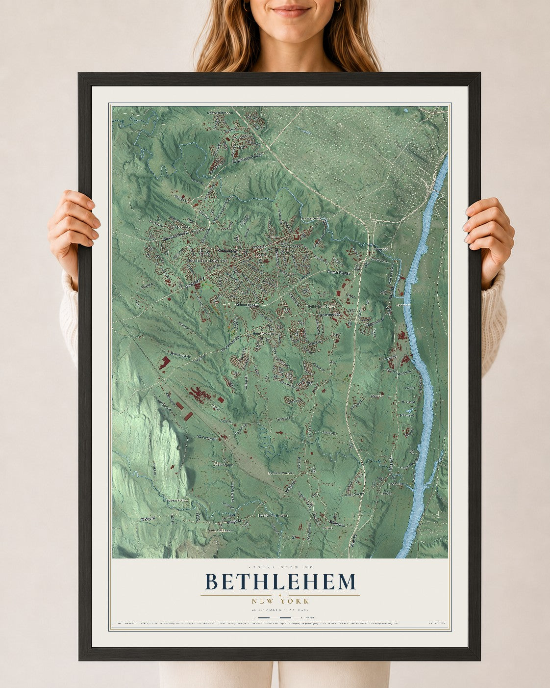 Bethlehem, New York map print, 24" x 36" W/ Black Ayous Wood Frame mockup