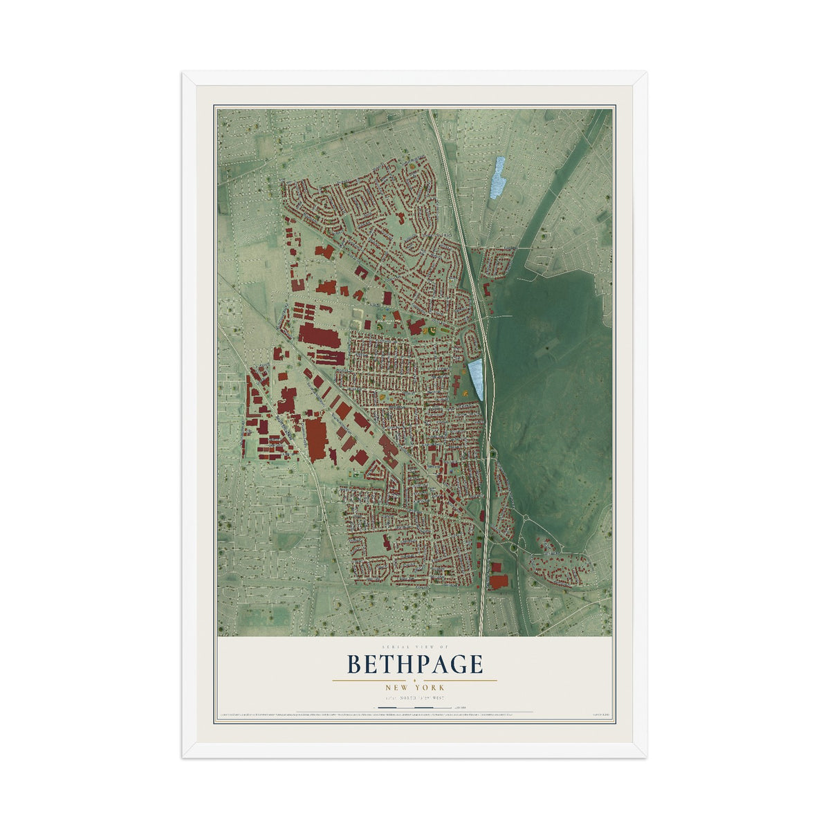 Bethpage, New York map print, 12" x 18" W/ White Ayous Wood Frame mockup