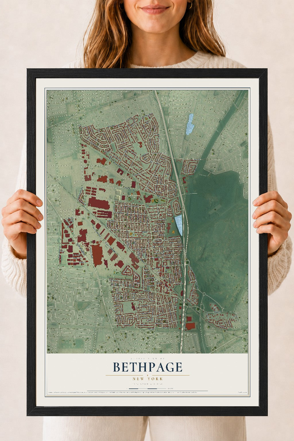 Bethpage, New York map print, 18" x 24" W/ Black Ayous Wood Frame mockup