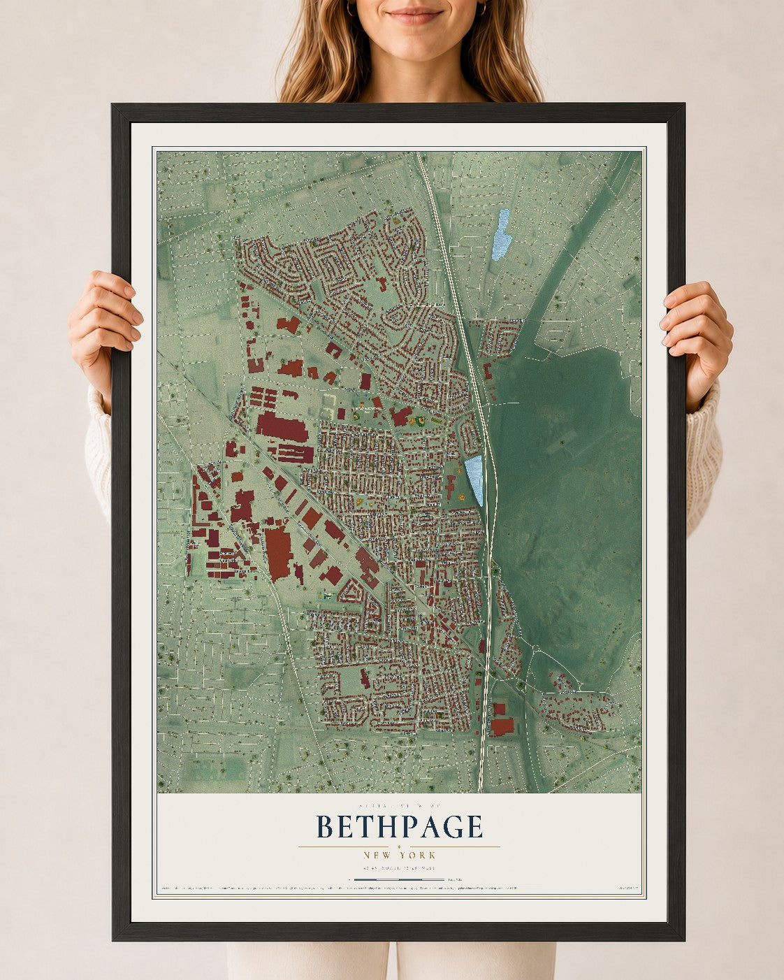 Bethpage, New York map print, 24" x 36" W/ Black Ayous Wood Frame mockup