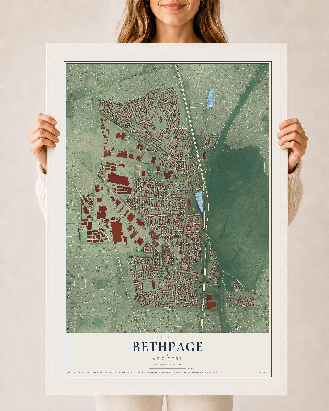 Bethpage, New York map print, 24" x 36" W/ White Ayous Wood Frame mockup