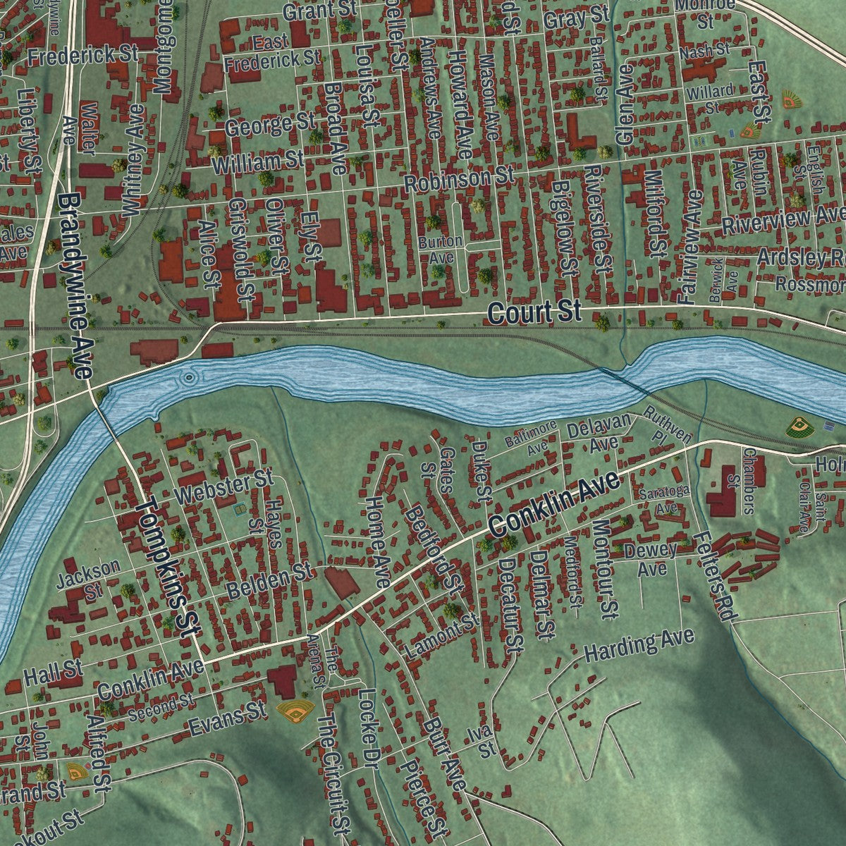 Close-up 2 of the Binghamton City (Broome County), New York map artwork
