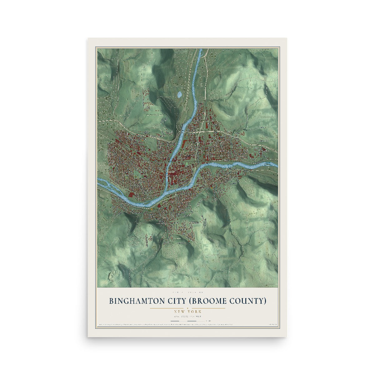 Binghamton City (Broome County), New York map print, 12" x 18" Archival Matte Print mockup