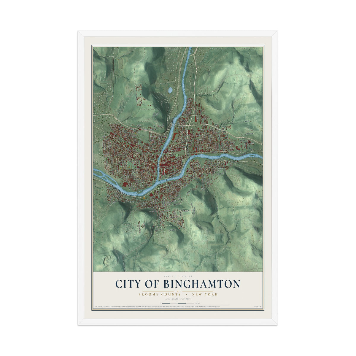 Map of the City of Binghamton, Broome County, New York, 12 x 18 inch print in a white wood frame