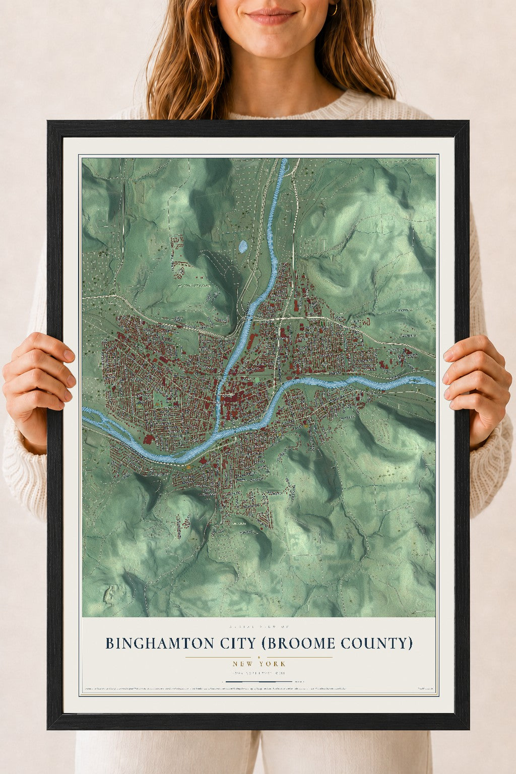 Binghamton City (Broome County), New York map print, 18" x 24" W/ Black Ayous Wood Frame mockup