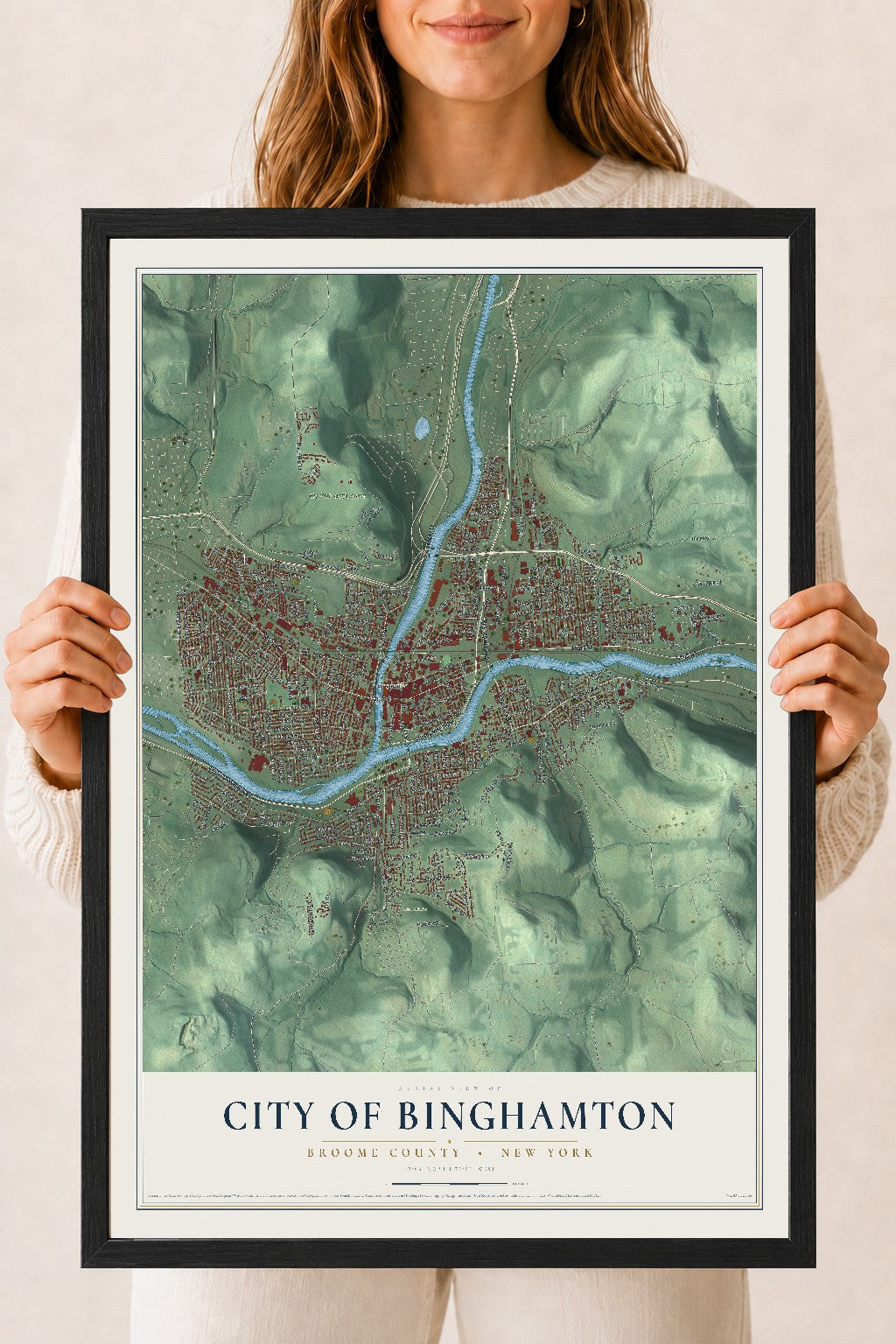 Map of the City of Binghamton, Broome County, New York, 18 x 24 inch print in a black wood frame
