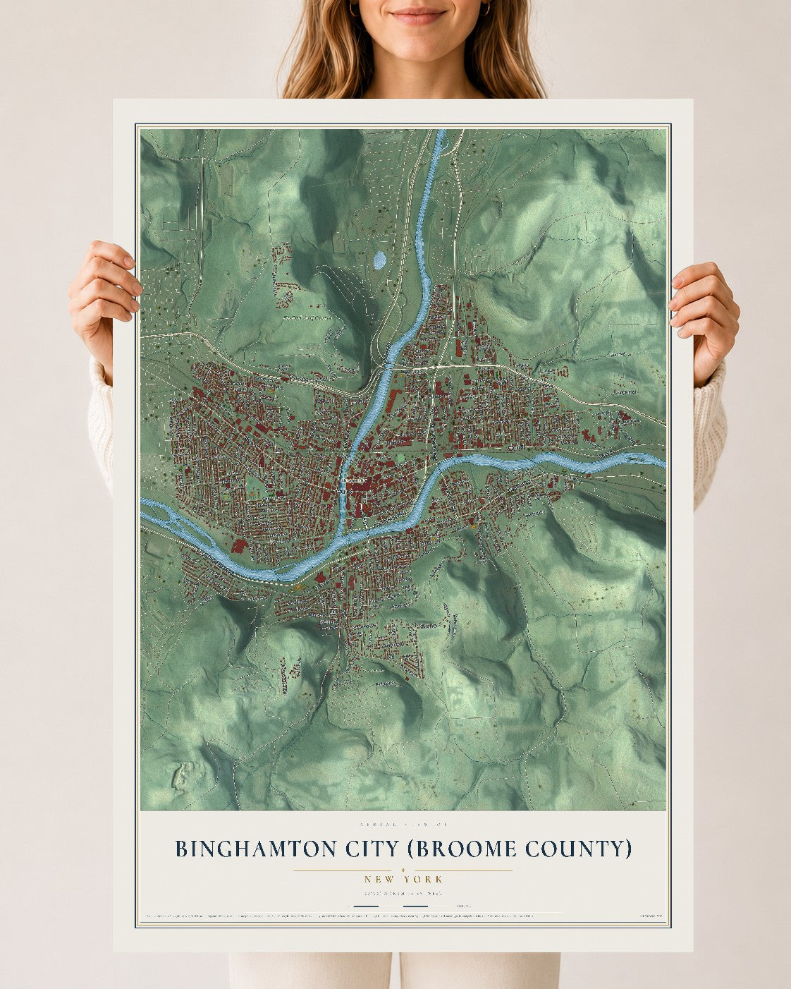 Binghamton City (Broome County), New York map print, 24" x 36" Archival Matte Print mockup