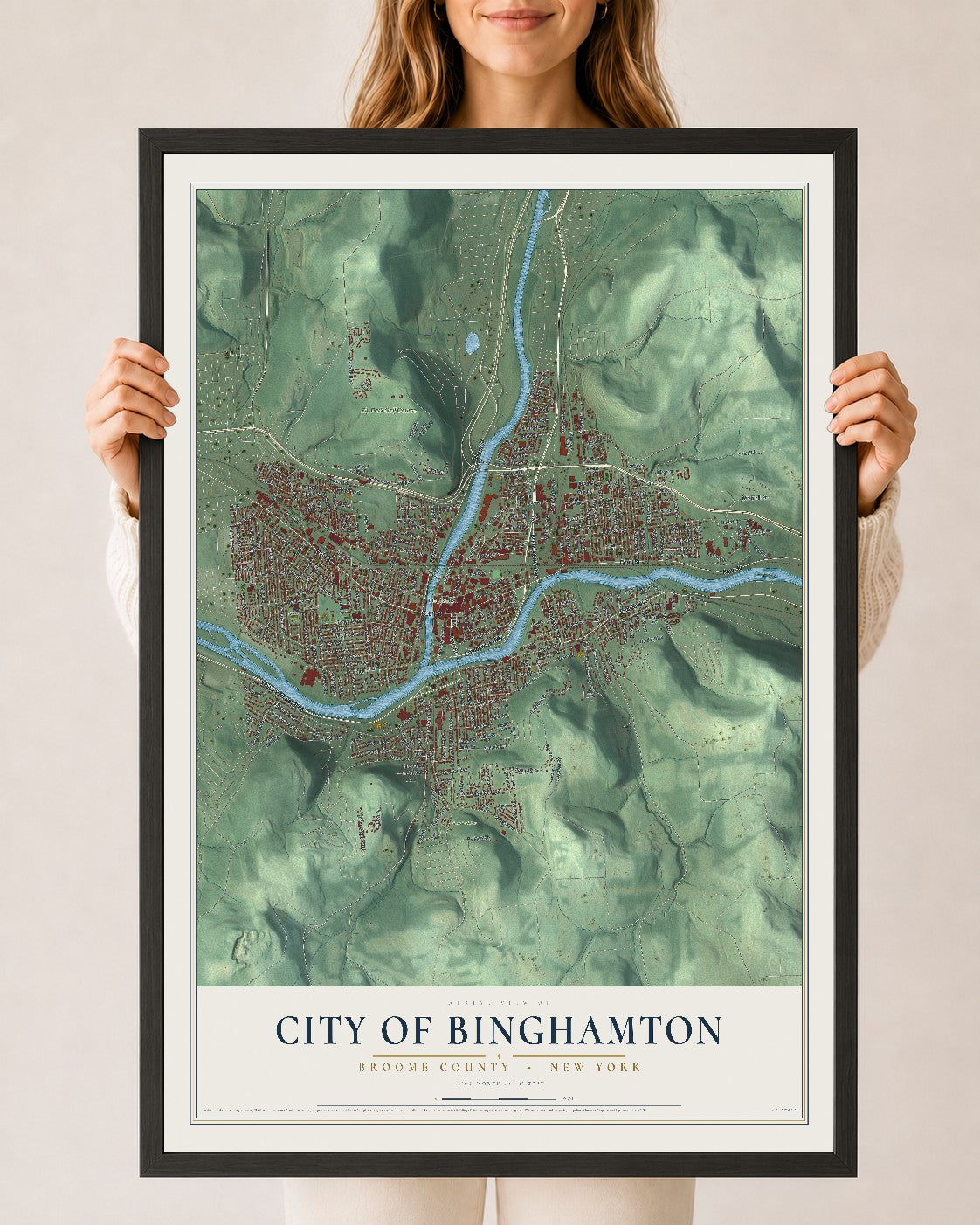 Map of the City of Binghamton, Broome County, New York, 24 x 36 inch print in a black wood frame