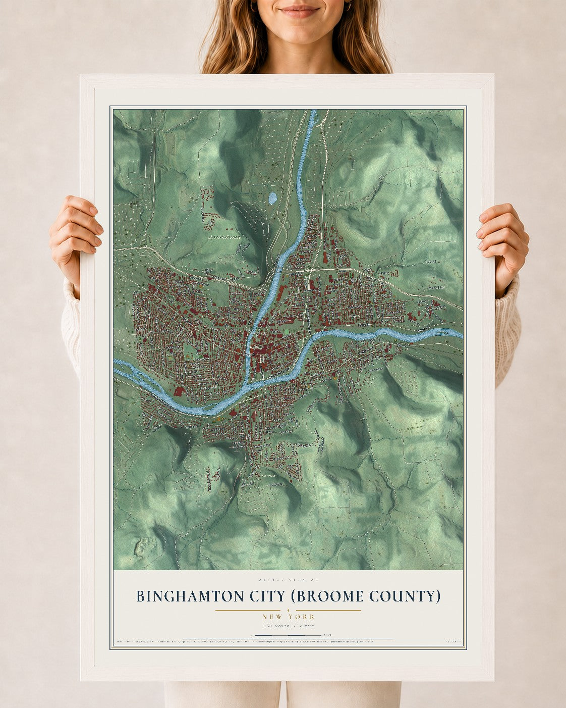 Binghamton City (Broome County), New York map print, 24" x 36" W/ White Ayous Wood Frame mockup