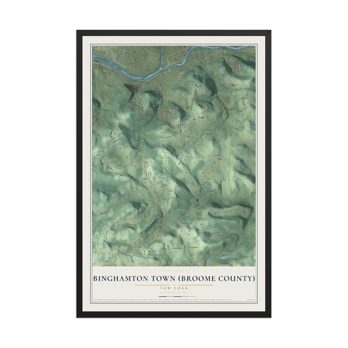 Binghamton Town (Broome County), New York map print, 12" x 18" W/ Black Ayous Wood Frame mockup
