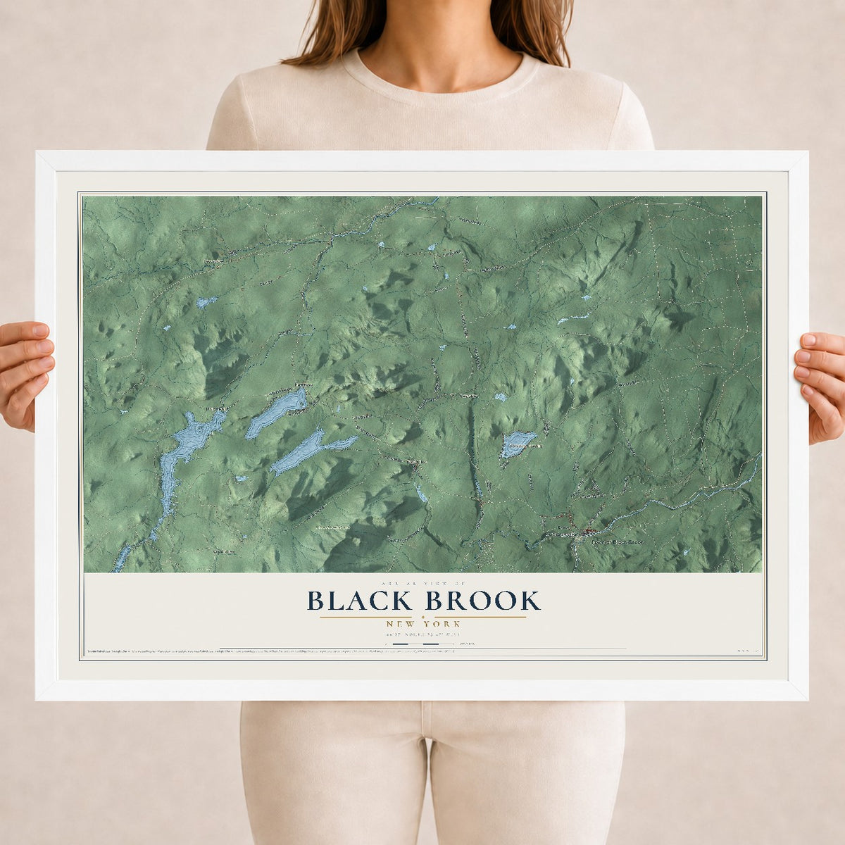Black Brook, New York map print, 18" x 24" W/ White Ayous Wood Frame mockup