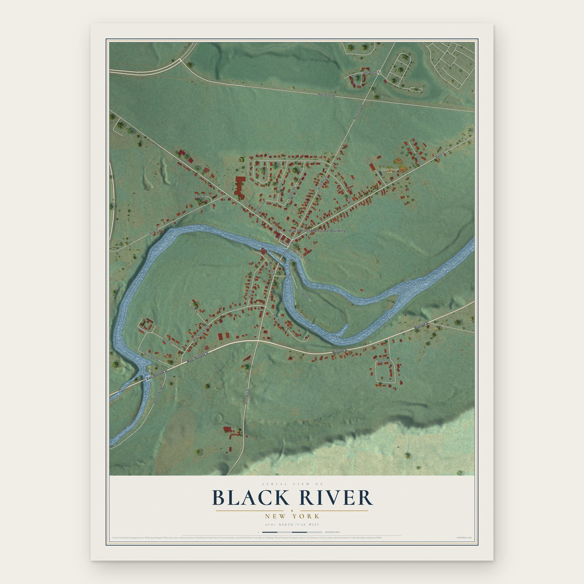 Black River, New York map print, the full design