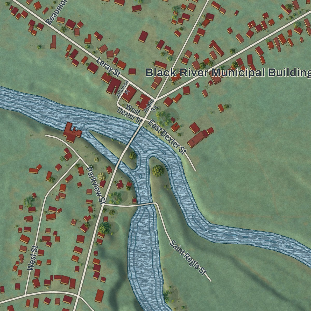 Close-up of the map of Black River, New York print showing street and building detail
