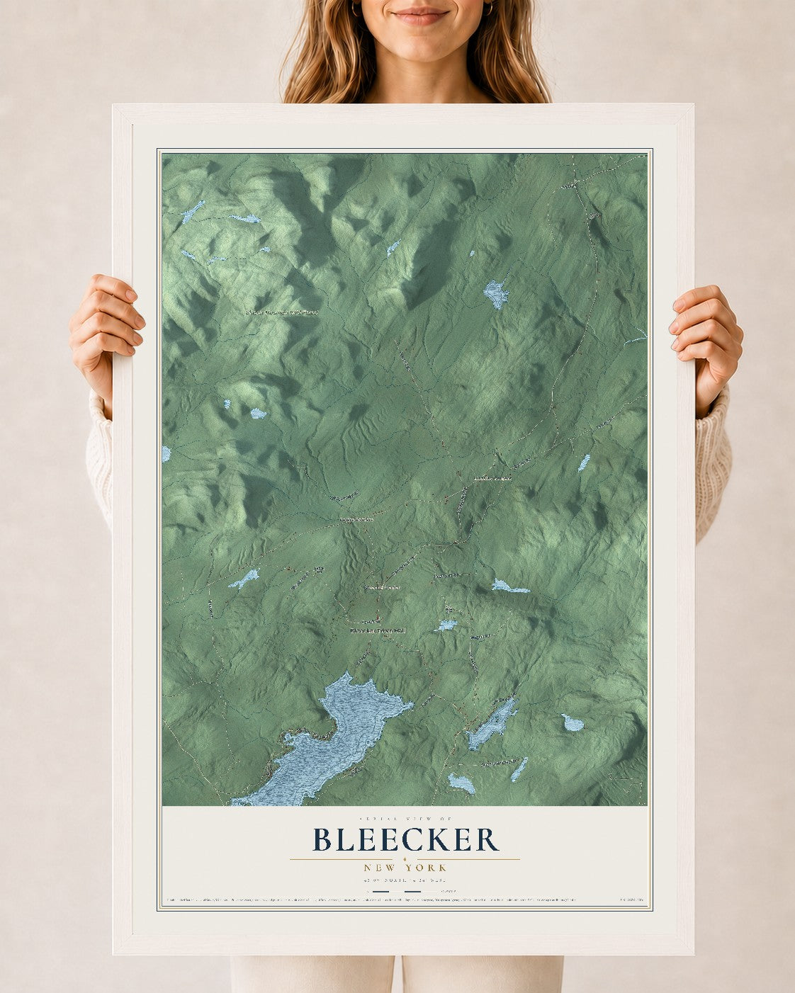Bleecker, New York map print, 24" x 36" W/ White Ayous Wood Frame mockup