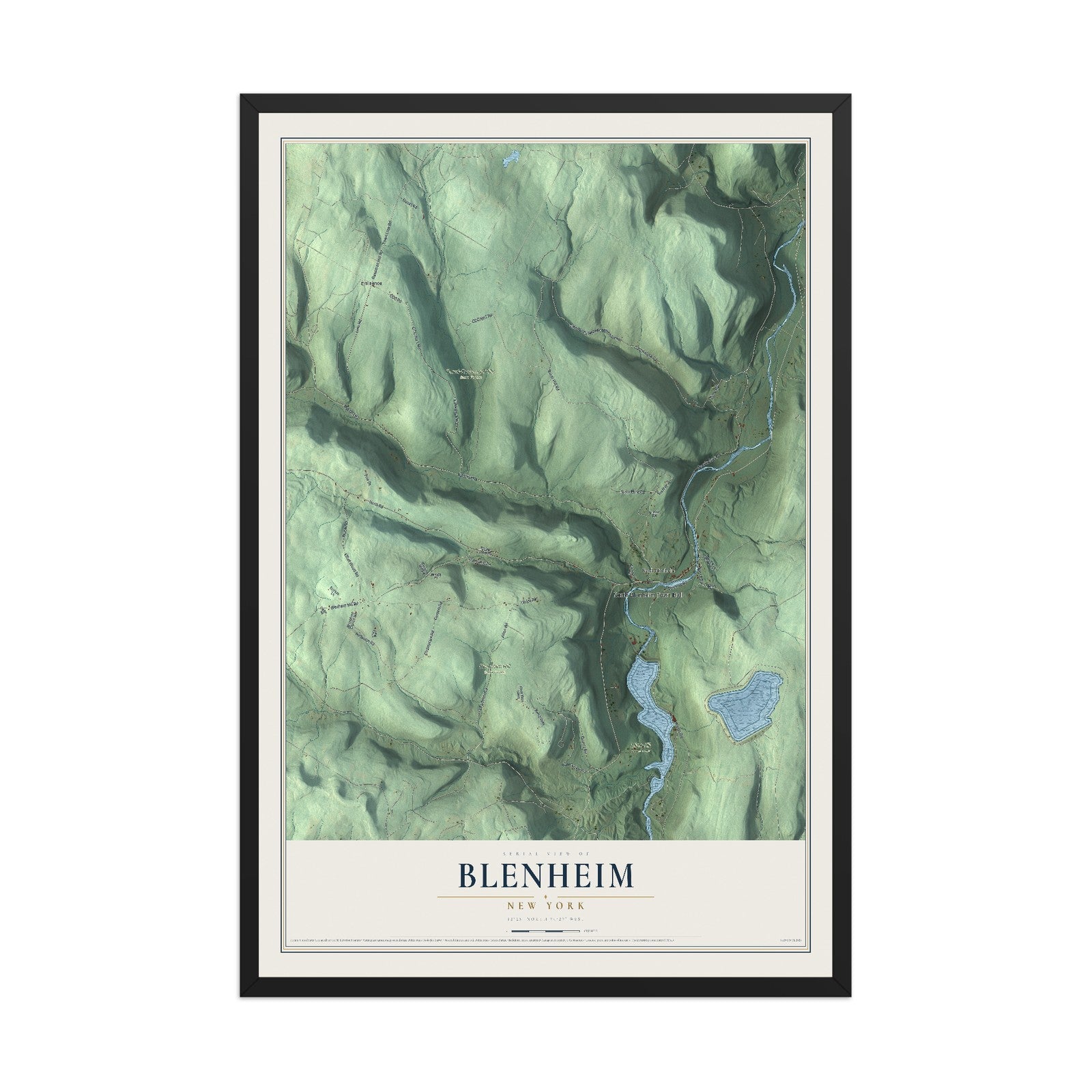 Blenheim, New York map print, 12" x 18" W/ Black Ayous Wood Frame mockup