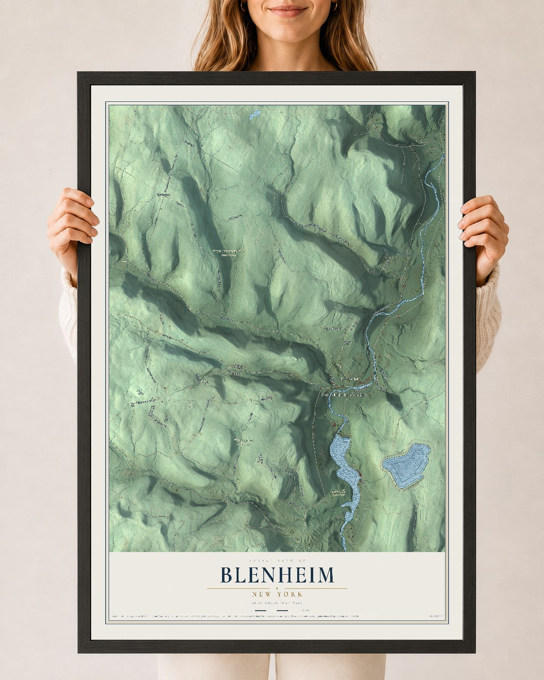 Blenheim, New York map print, 24" x 36" W/ Black Ayous Wood Frame mockup