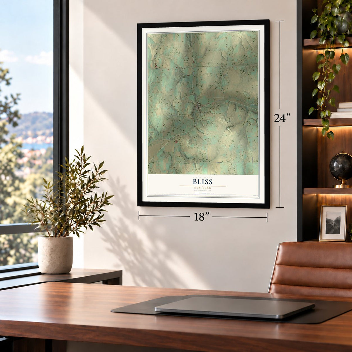 Bliss, New York map, 18 x 24 inch print in a black frame in a home office