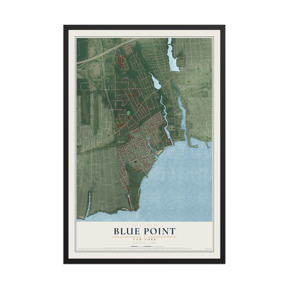 Blue Point, New York map print, 12" x 18" W/ Black Ayous Wood Frame mockup