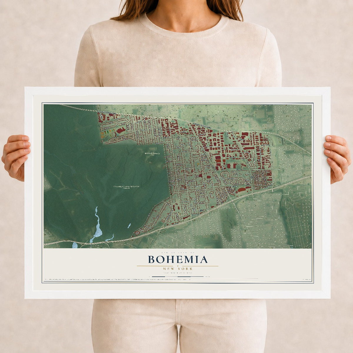 Bohemia, New York map print, 12" x 18" W/ White Ayous Wood Frame mockup