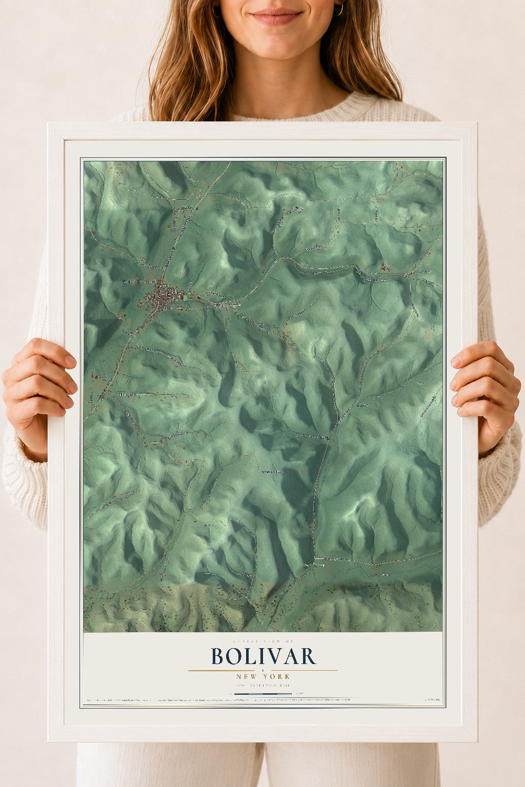 Map of Bolivar, New York, 18 x 24 inch print in a white wood frame