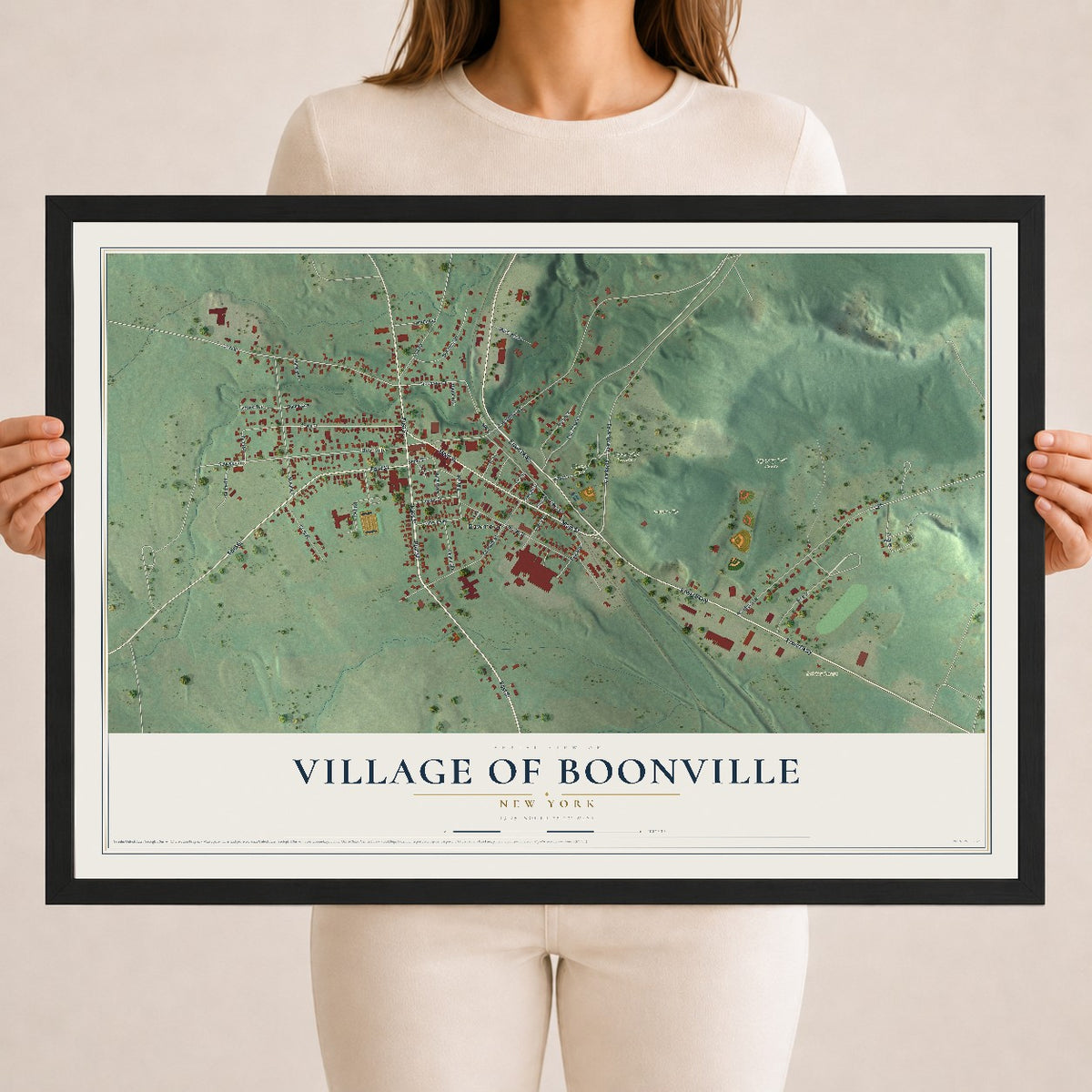 Boonville, New York map print, 18" x 24" W/ Black Ayous Wood Frame mockup