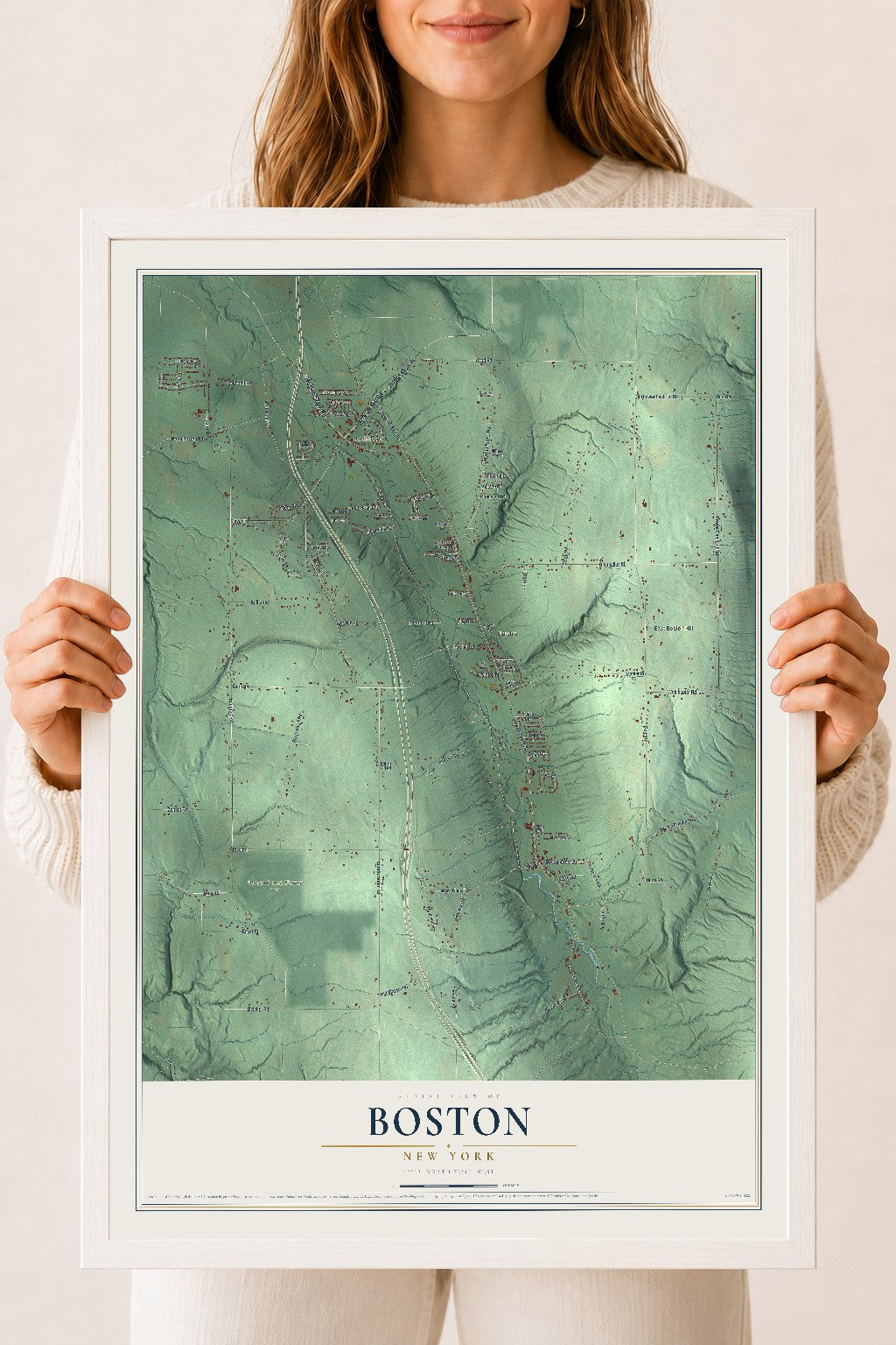 Boston, New York map print, 18" x 24" W/ White Ayous Wood Frame mockup