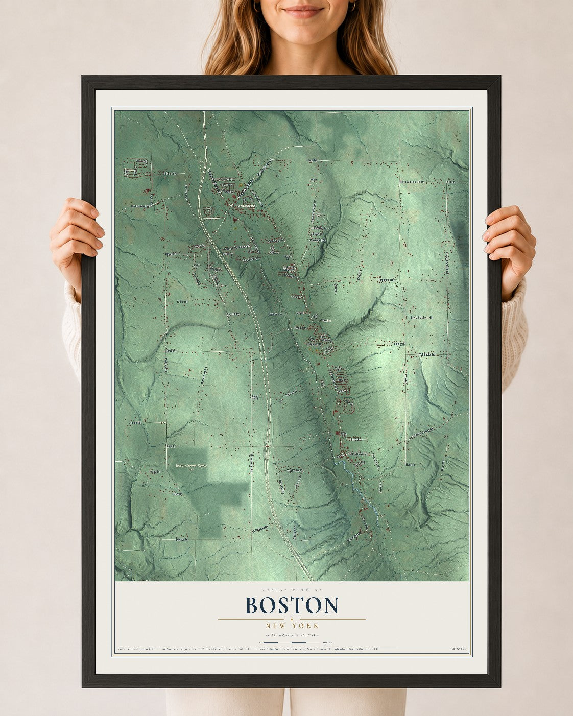 Boston, New York map print, 24" x 36" W/ Black Ayous Wood Frame mockup