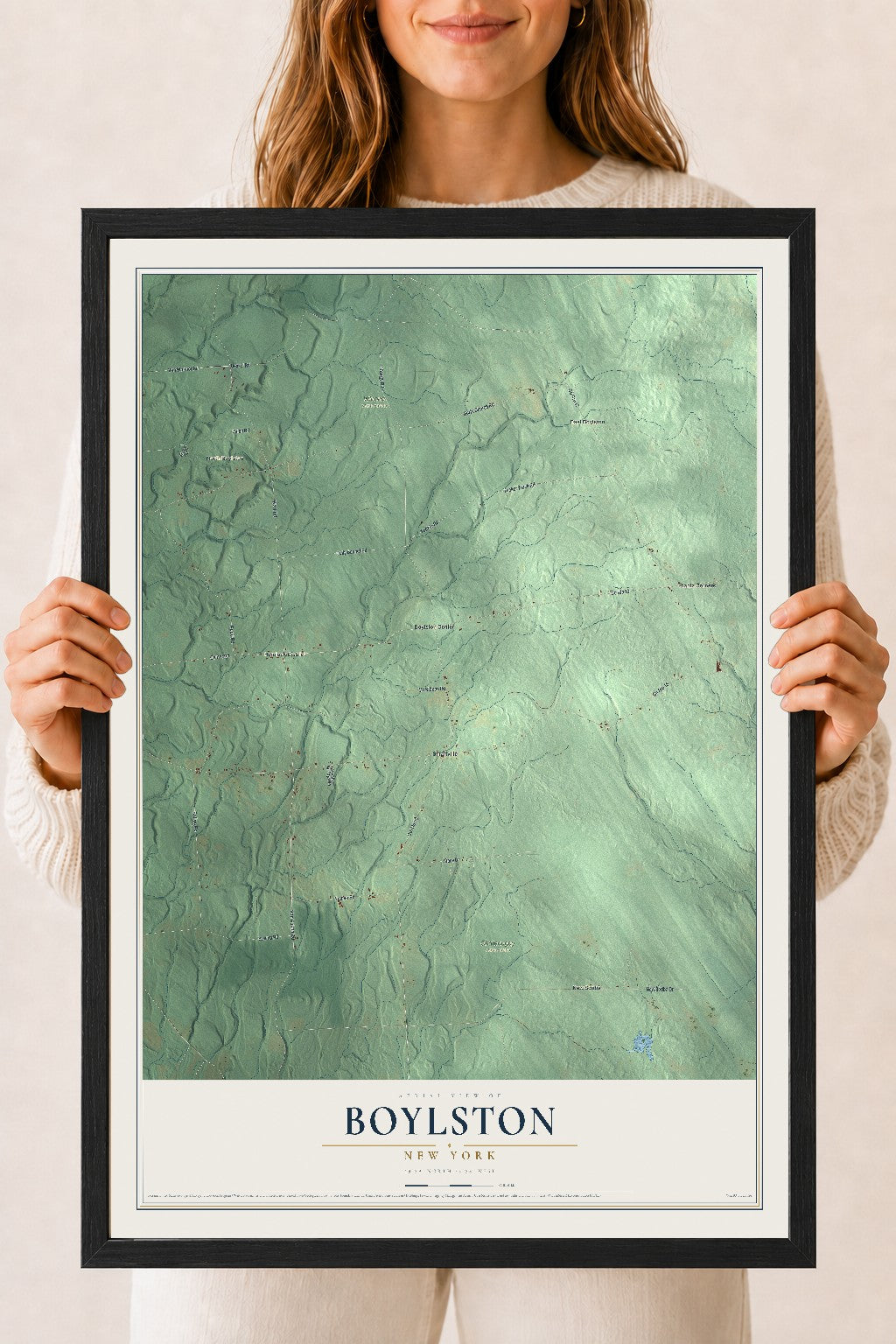 Boylston, New York map print, 18" x 24" W/ Black Ayous Wood Frame mockup