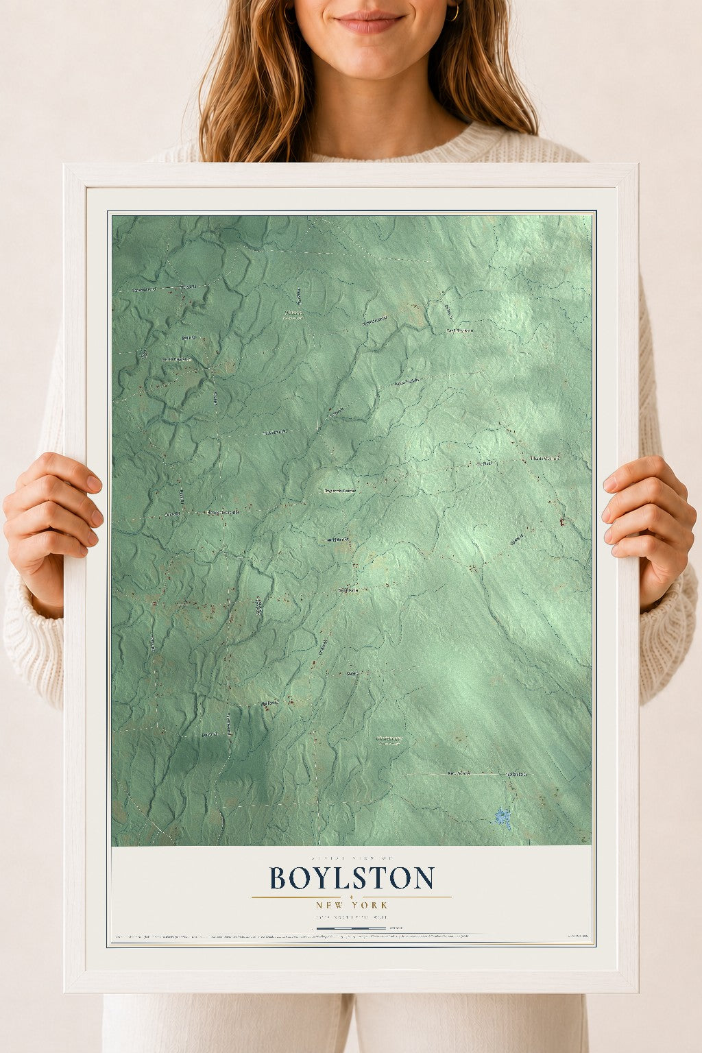 Boylston, New York map print, 18" x 24" W/ White Ayous Wood Frame mockup