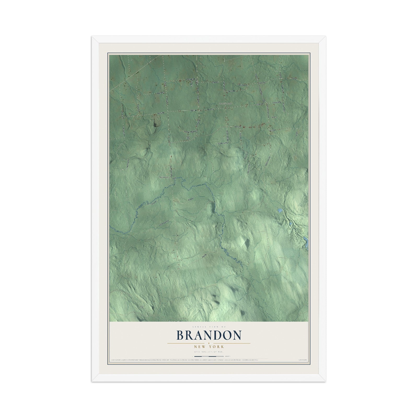 Brandon, New York map print, 12" x 18" W/ White Ayous Wood Frame mockup