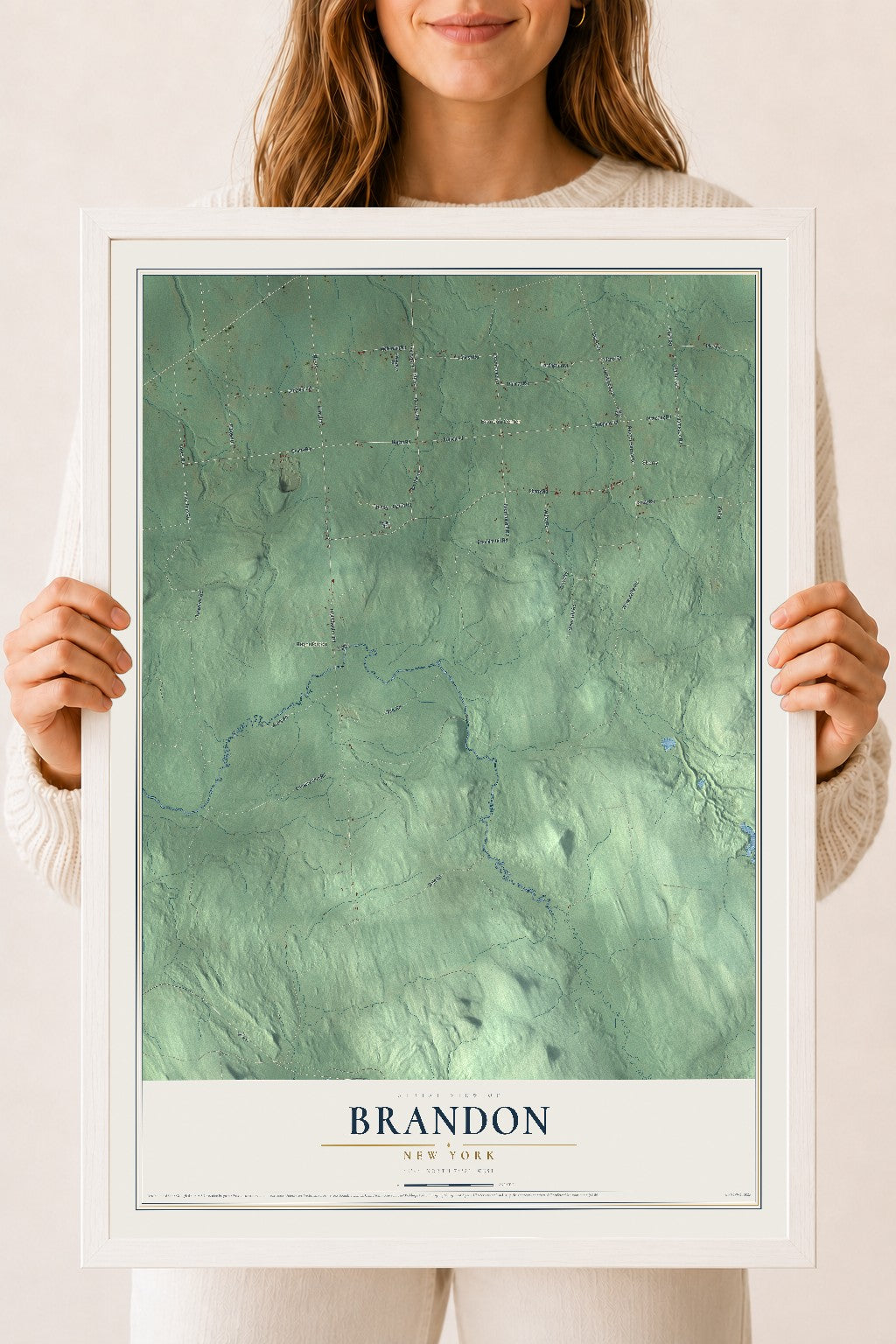 Brandon, New York map print, 18" x 24" W/ White Ayous Wood Frame mockup